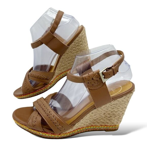 JACK ROGERS Cognac Brown Leather ABBEY Jute Wedge Sandal Colorful Trim Sz‎ 9 - Picture 3 of 15